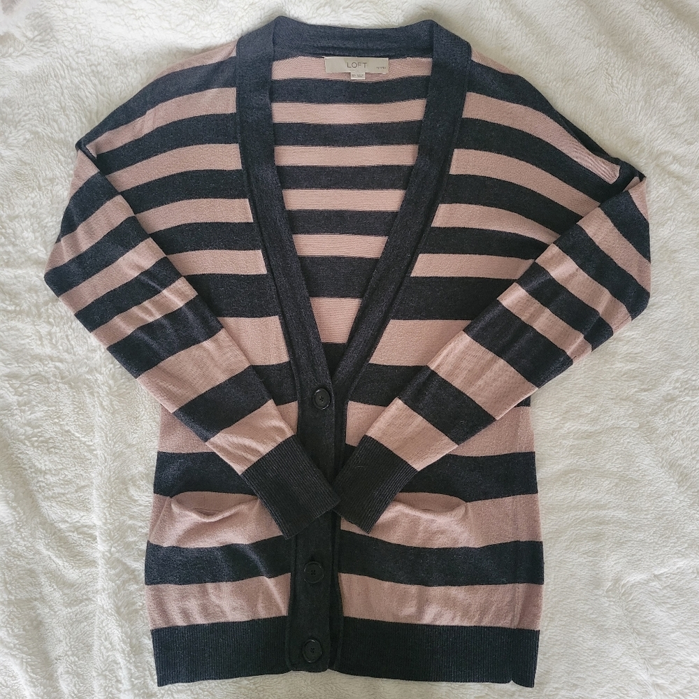 Loft Pink & Gray Striped Cardigan SP